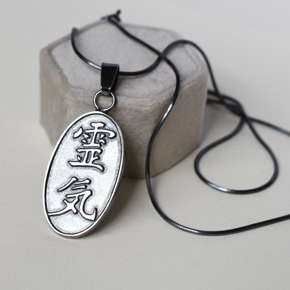 Asian symbol pendant necklace, black rhodium silver geometric pendant minimalist